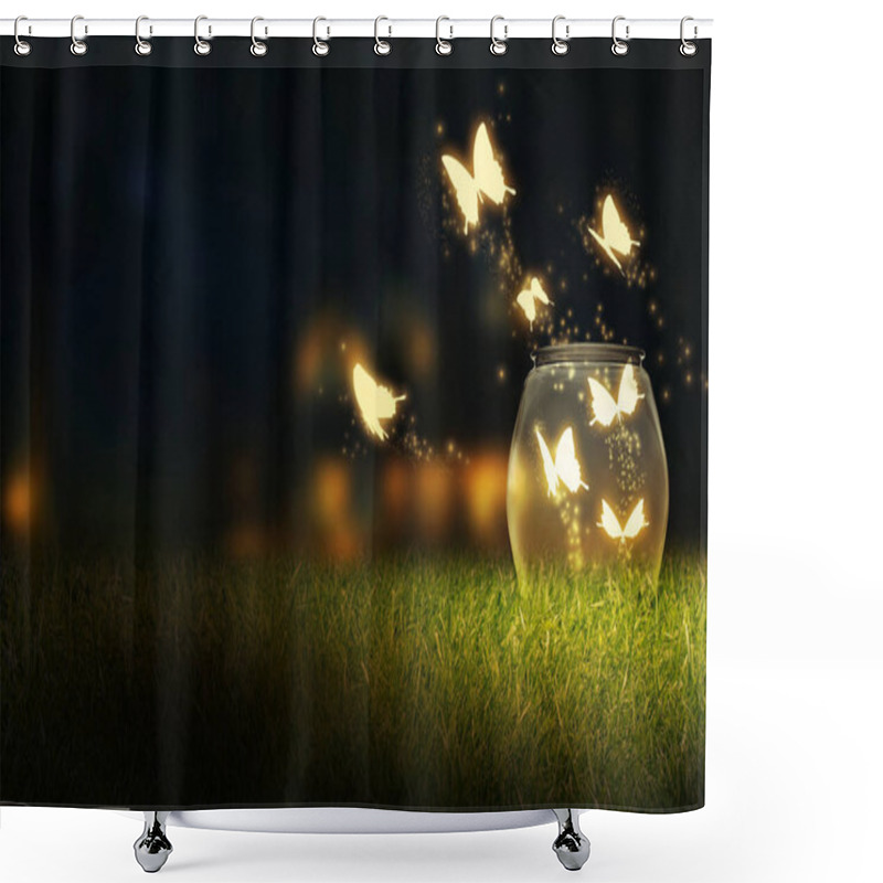 Personality  Glowing Bug Firefly, Butterfly Coming Out Of A Jar In A Night Isolated On A Natural Background. Magic Night Imagination. Magical Nature Concept. Artistic Design Raster Illustration Manipulation Shower Curtains