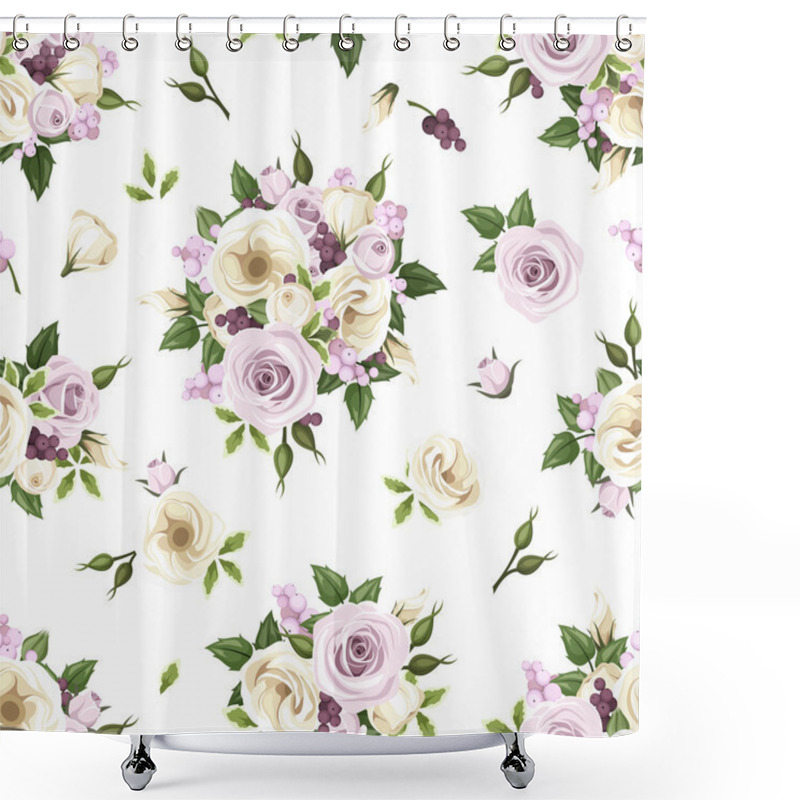 Personality  Seamless Pattern With Purple And White Roses And Lisianthus Flowers. Vector Illustration. Shower Curtains