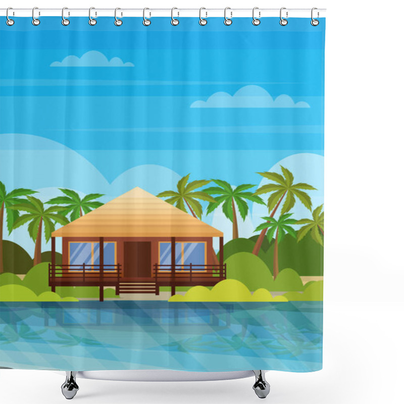 Personality  Tropical Island Villa Bungalow Hotel On Beach Seaside Green Palms Landscape Summer Vacation Concept Flat Vertical Shower Curtains