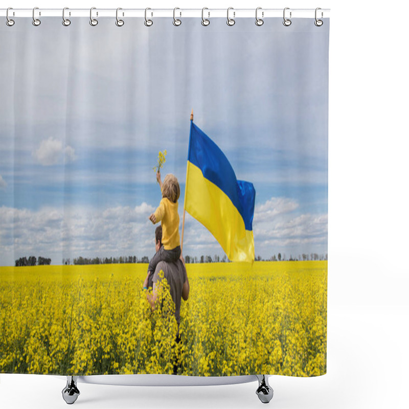 Personality  Dad With His Son Sitting On His Shoulders With A Large Satin Flag Of Ukraine In Hands Among A Blooming Yellow Rapeseed Field. Education Of Patriotism. Pride, Freedom. Ukrainians Against The War Shower Curtains