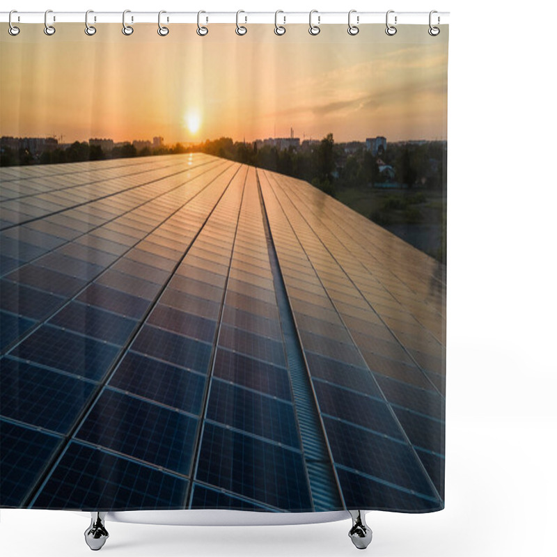 Personality  Blue Photovoltaic Solar Panels Mounted On Building Roof For Producing Clean Ecological Electricity At Sunset. Production Of Renewable Energy Concept. Shower Curtains