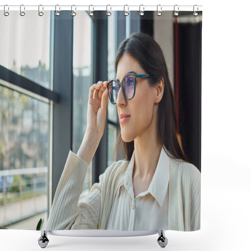 Personality  A Businesswoman, Wearing Glasses, Gazes Out A Window In A Modern Office, Contemplating The Urban Landscape. Shower Curtains