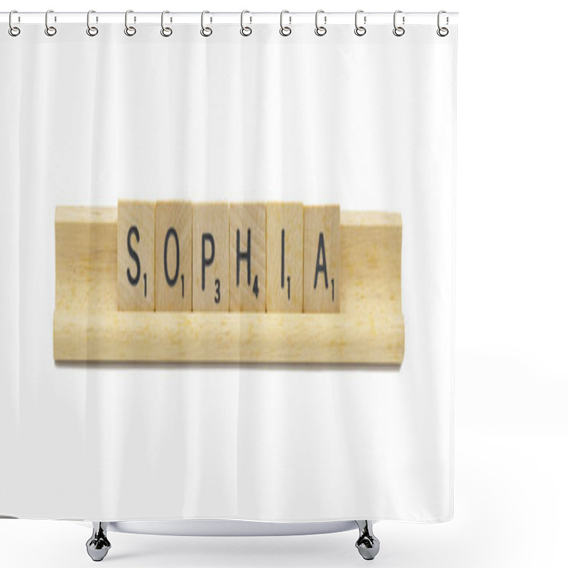 Personality  Miami, FL 4-18-24 Popular Baby Girl First Name Of SOPHIA Made With Square Wooden Tile English Alphabet Letters With Natural Color And Grain On A Wood Rack Holder Isolated On White Background Shower Curtains