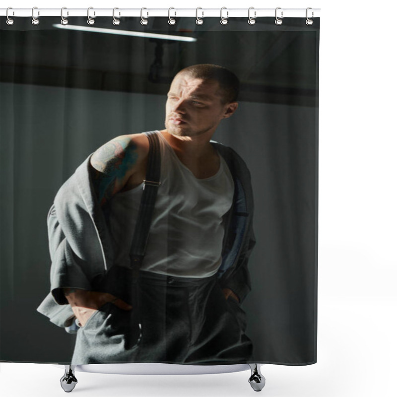 Personality  Man With Buzz Cut And Tattoos In Studio, Wearing White Tank Top, Suspenders, Gray Jacket. Shower Curtains