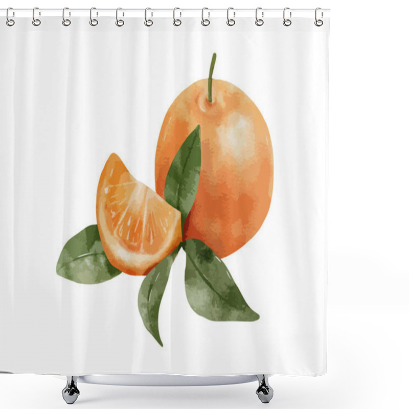 Personality  Watercolor Illustration Of Whole Orange With Green Leaves And A Sliced Segment Isolated On White Background. Vector Illustration Shower Curtains