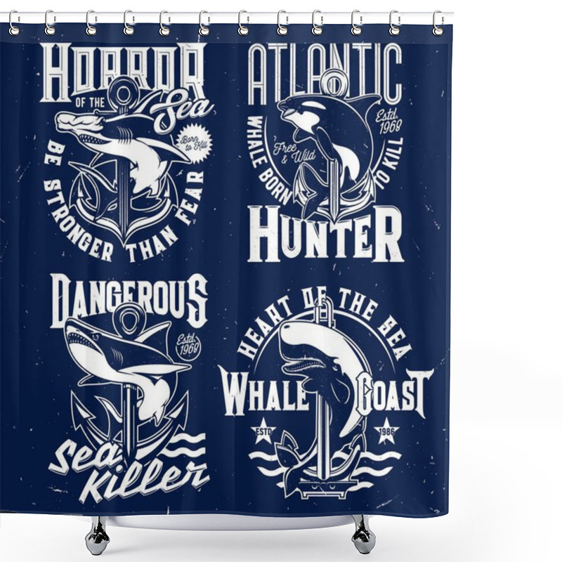 Personality  Nautical T-shirt Prints, Anchor And Marine Sea Waves Vector Emblems. Shark And Killer Whale Ocean Fish Blue Signs With Slogans And Quotes, Atlantic Fishers And Hunters Club Grunge Badges Shower Curtains