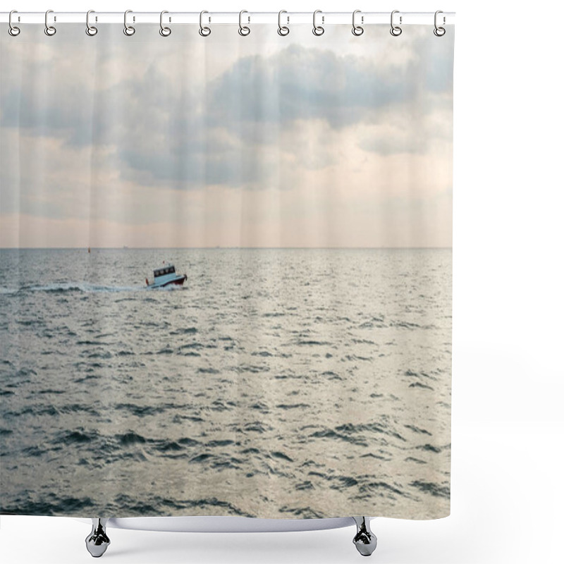 Personality  Modern White Ship Sailing In Wavy Sea On Bosporus During Sunset  Shower Curtains