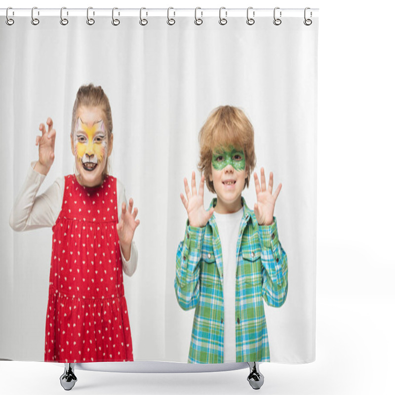 Personality  Cheerful Friends With Cat Muzzle And Gecko Mask Paintings On Faces Showing Frightening Gestures At Camera Isolated On White Shower Curtains