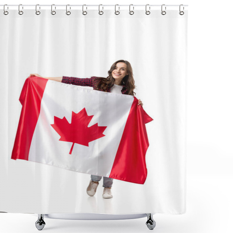 Personality  Beautiful Woman Holding Canadian Flag And Looking At Camera Isolated On White Shower Curtains