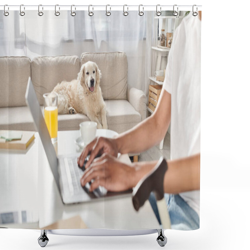 Personality  An African American Man In A Wheelchair Works On A Laptop While His Labrador Dog Rests By His Side On A Cozy Couch. Shower Curtains