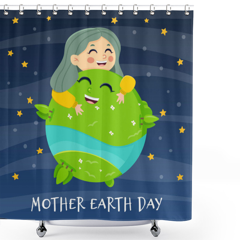 Personality  Woman Holding Ecology World Earth Day. Happy Girl. Mother Nature Care Concept. Shower Curtains