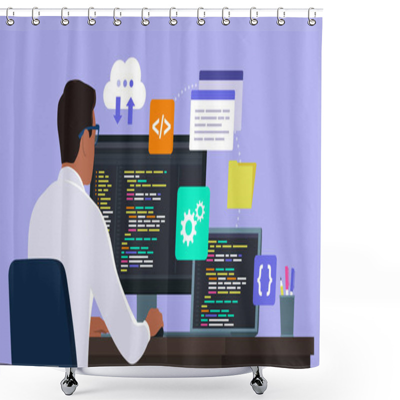 Personality  Professional Developer And Software Engineer Sitting At Desk And Working, He Is Checking The Code And Debugging Shower Curtains