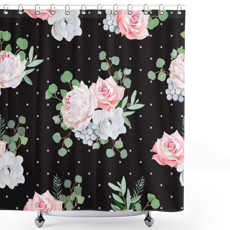 Personality  Black Pattern With Bouquets Of Rose, Peony, Anemone, Brunia Flow Shower Curtains