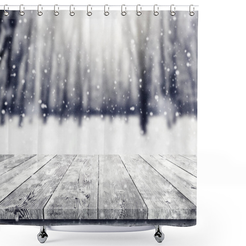 Personality  Wooden Table Over Winter Snow Covered Forest. Beauty Nature Background Shower Curtains