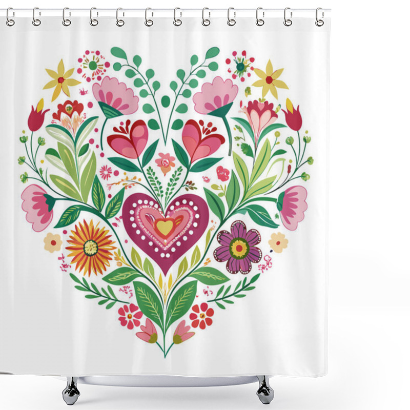 Personality  Vibrant Heart Illustration Made Of Flowers And Leaves Shower Curtains