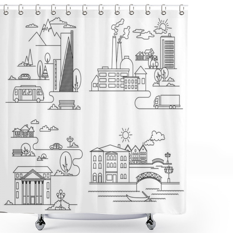 Personality  Vector City Illustration In Linear Style - Buildings And Clouds - Graphic Design Template. Coloring Book Shower Curtains