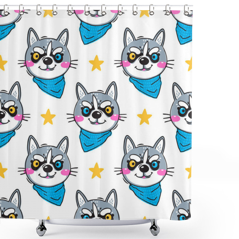 Personality  Portrait Husky Puppys. Dog In A Bandana Around His Neck. Seamless Pattern In Cartoon Style Shower Curtains