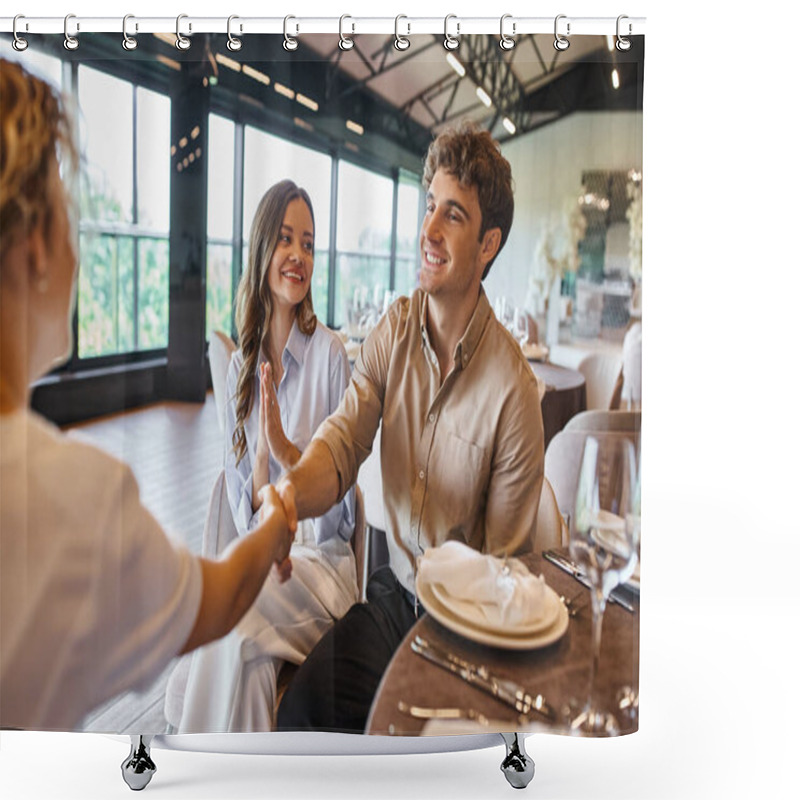 Personality  Smiling Man Shaking Hands With Event Manager Near Overjoyed Girlfriend In Modern Wedding Venue Shower Curtains