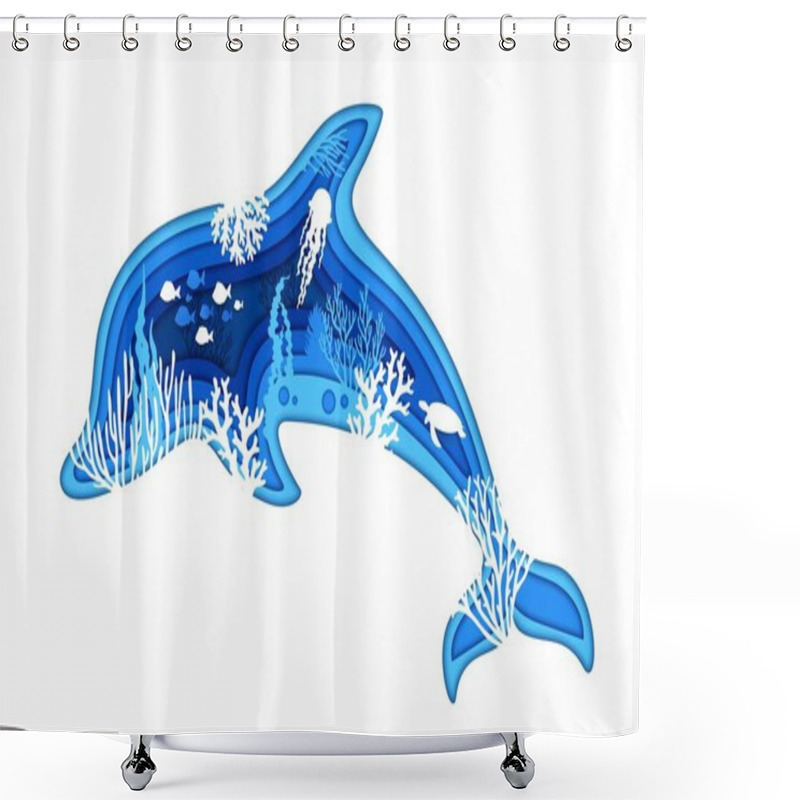 Personality  Sea Dolphin Silhouette, Underwater Paper Cut Landscape And Seaweeds, Vector Fish Shoal And Turtle. Undersea Papercut Background Of Dolphin In Paper Cut Layers With Silhouette Of Jellyfish And Corals Shower Curtains