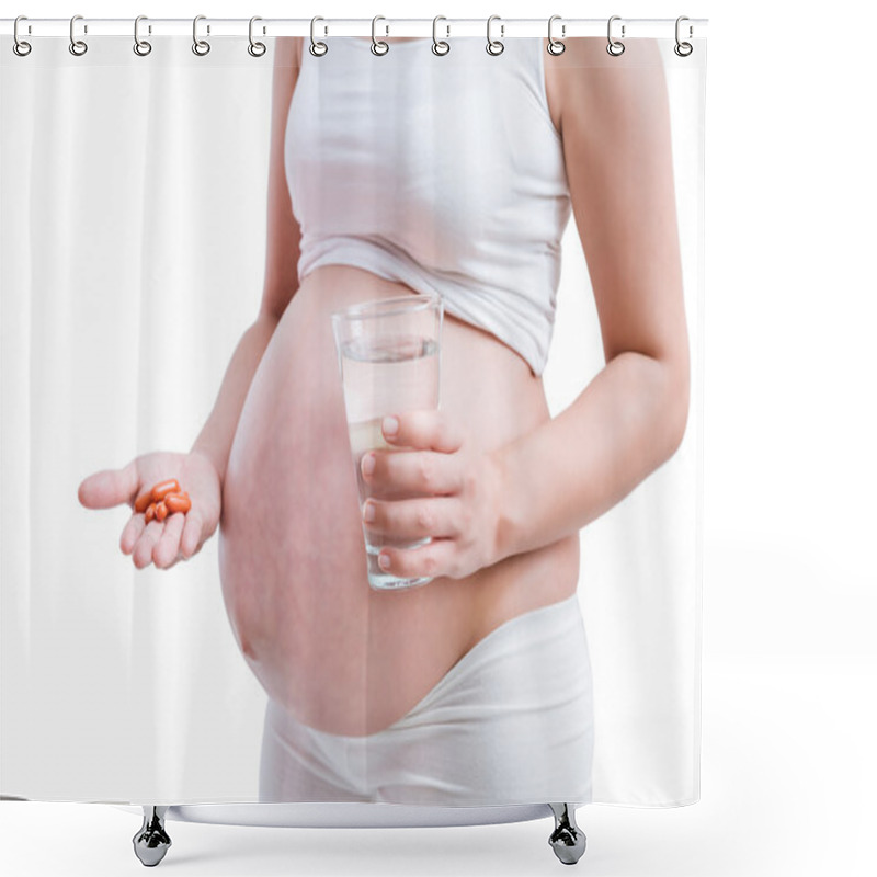 Personality  Pregnant Woman Taking Medicines On White Background. Shower Curtains