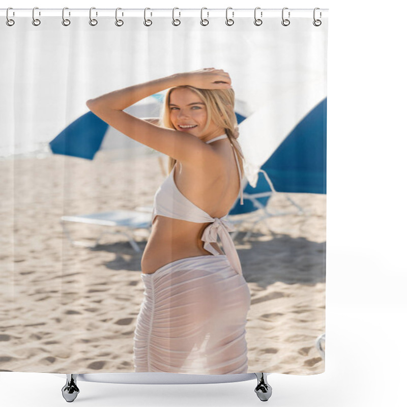 Personality  A Young Blonde Woman Stands Gracefully On Miami Beach In A White Bikini, Enjoying The Sun And Sea Breeze. Shower Curtains