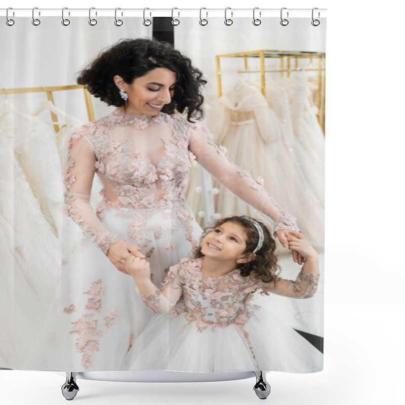 Personality  Delightful Middle Eastern Bride In Floral Wedding Dress Holding Hands With Happy Girl In Cute Attire In Bridal Salon, Shopping, Special Moment, Mother And Daughter, Happiness, Togetherness  Shower Curtains