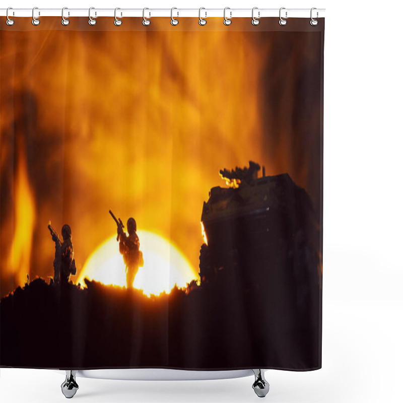 Personality  Silhouettes Of Toy Warriors And Tank On Battleground With Sunset And Fire At Background Shower Curtains