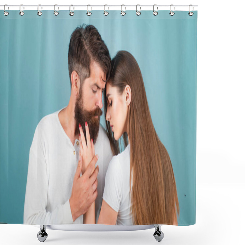 Personality  Naughty And Passionate. Intimate Relationship And Sexual Relations. Handsome Young Man Seducing His Lovely Girlfriend. Enjoying Pleasure. Sensual Kiss Shower Curtains