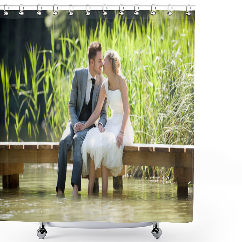 Personality  Bride And Groom Sitting Romantically On A Lake Shower Curtains