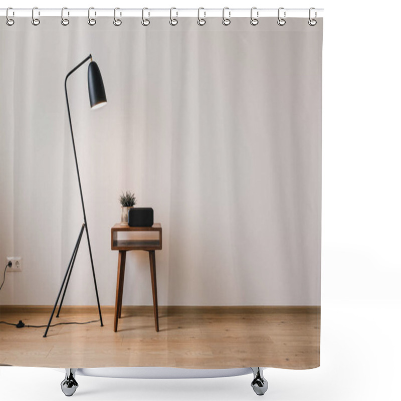 Personality  Metal Floor Lamp And Wooden Coffee Table With Plant And Clock With Blank Screen Shower Curtains