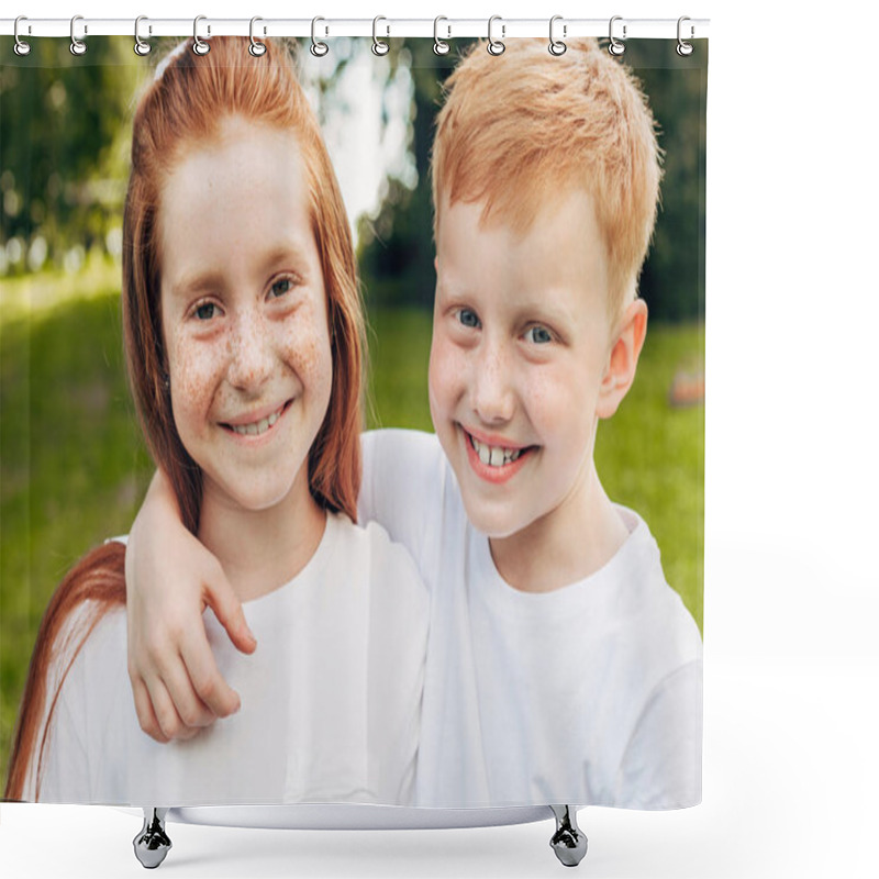 Personality  Beautiful Happy Redhead Siblings Embracing And Smiling At Camera In Park Shower Curtains