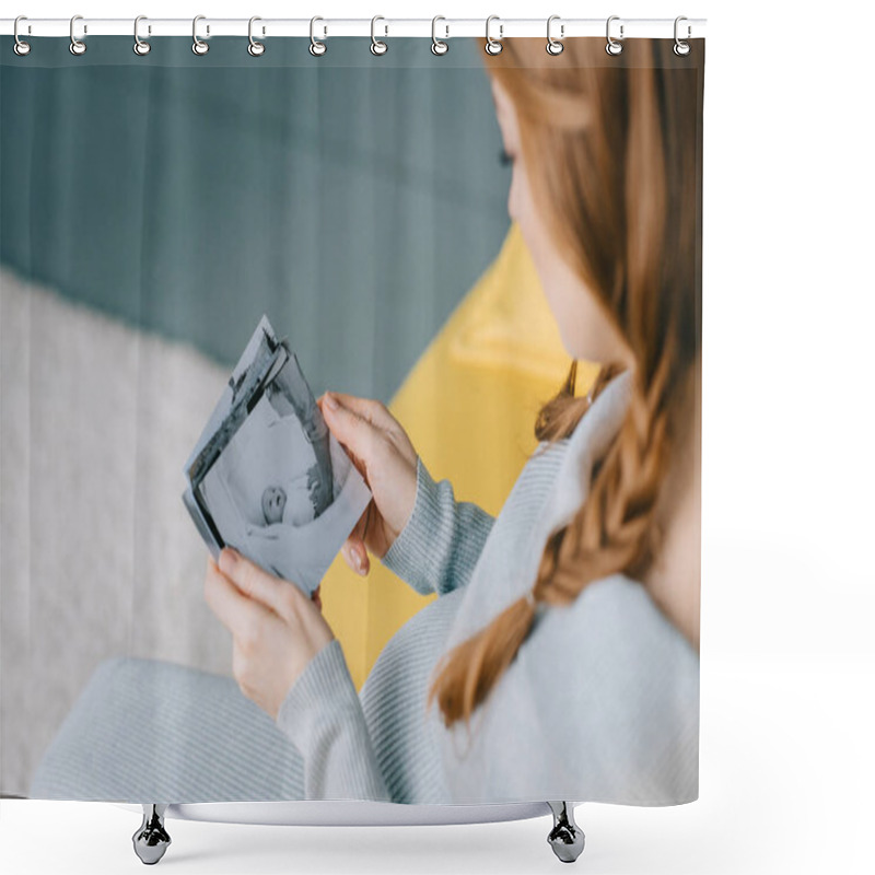 Personality  Cropped Image Of Pregnant Woman Holding Photo Of Newborn Baby In Living Room Shower Curtains