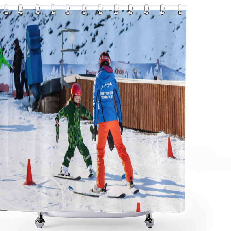 Personality  Sochi, Russia - January 7, 2018: Female Ski Instructor Teaches Skiing To Little Girl On Snowy Mountain Slope In Gorky Gorod Winter Mountain Ski Resort. Shower Curtains