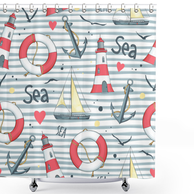 Personality  Pattern Sailboat, Lifebuoy, Anchor, Lighthouse Shower Curtains