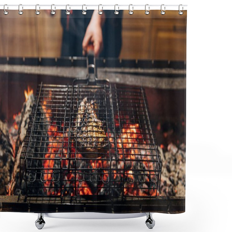 Personality  Cropped Shot Of Chef Grilling Steak On Flame Shower Curtains