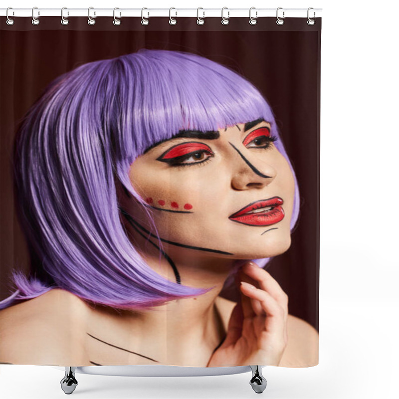 Personality  A Striking Woman In A Purple Wig And Vibrant Face Paint, Embodying A Character From The Pages Of A Comic Book. Shower Curtains