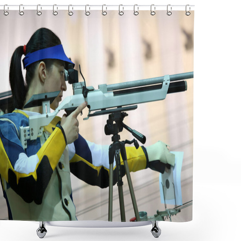 Personality  Woman Aiming A Pneumatic Air Rifle Shower Curtains