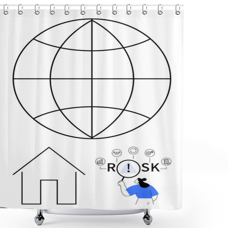 Personality  Globe Grid, House Outline, And Person Analyzing RISK With Icons In Thought Bubbles. Ideal For Security, Global Perspective, Risk Management, Finance, Insurance, Safety Abstract Line Flat Metaphor Shower Curtains