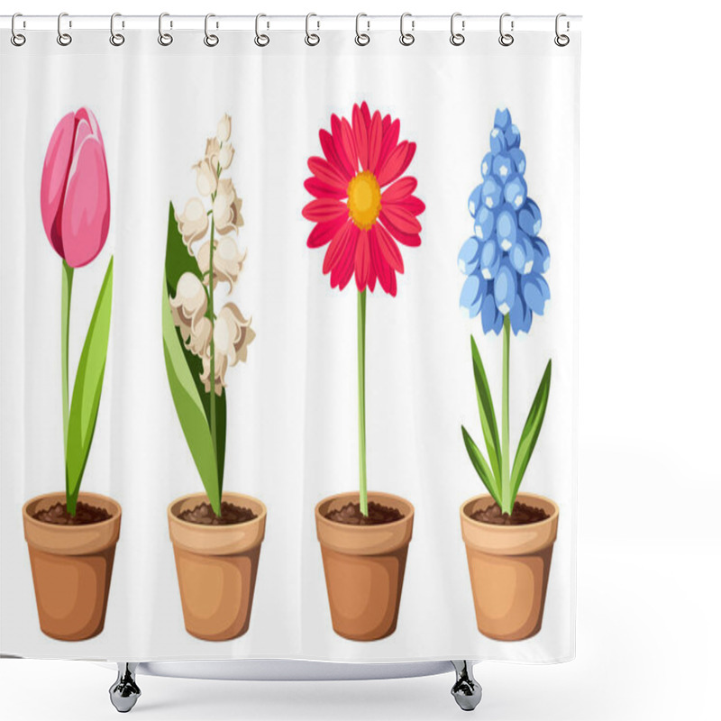 Personality  Colorful Spring Flowers (tulip, Gerbera, Hyacinth, And Lily Of The Valley) In Flowerpots Isolated On A White Background. Set Of Vector Illustrations Shower Curtains