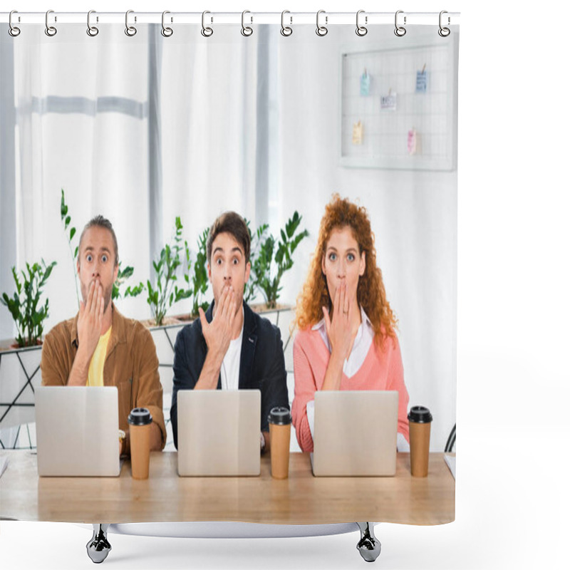 Personality  Three Shocked Friends Sitting At Table And Obscuring Faces  Shower Curtains