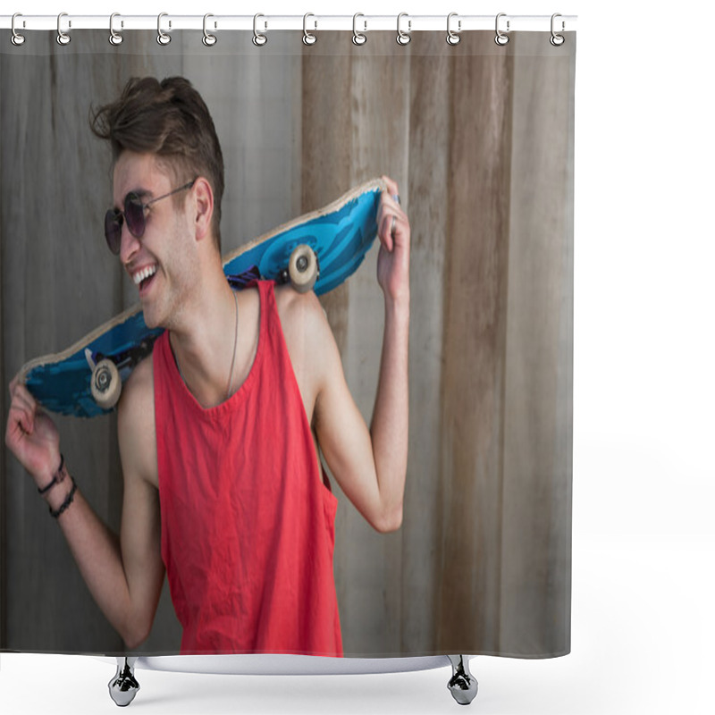 Personality  Young Fashion Guy With A Skateboard Shower Curtains