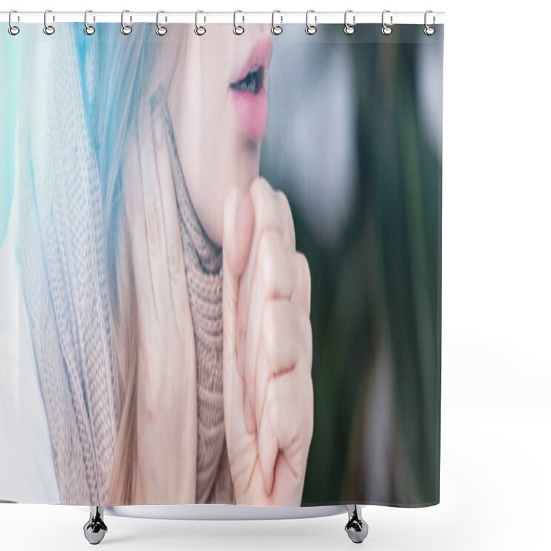 Personality  Cropped Image Of Sick Woman Coughing At Home Shower Curtains