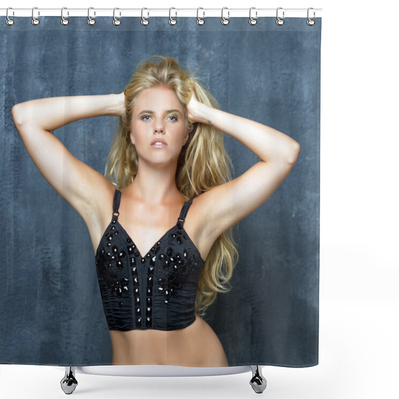 Personality  Portrait Of A Beautiful Blonde Girl With Luxuriant Hair Shower Curtains