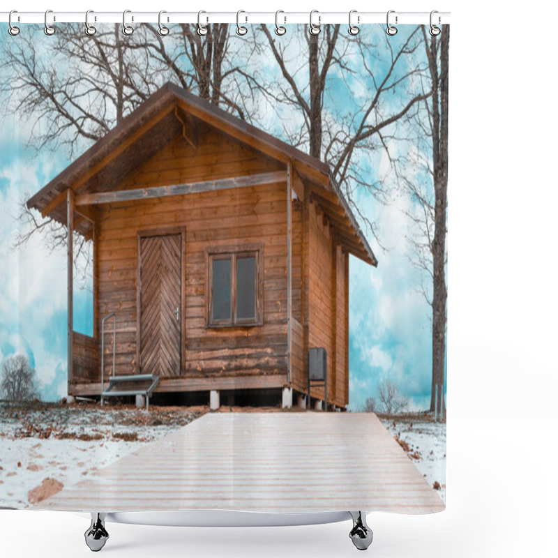 Personality  Wooden Snow Covered Path To The Wooden Ecological Cabin.Quiet, Relaxing Place In A Nature. Shower Curtains