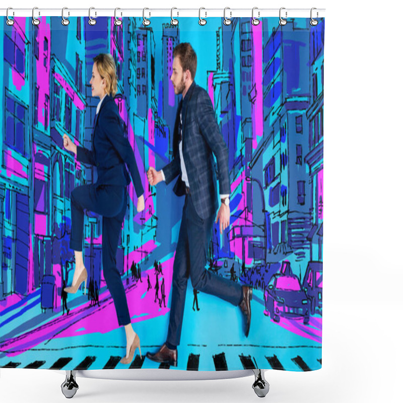 Personality  Handsome Businessman And Businesswoman In Suits Crossing Road Together Shower Curtains