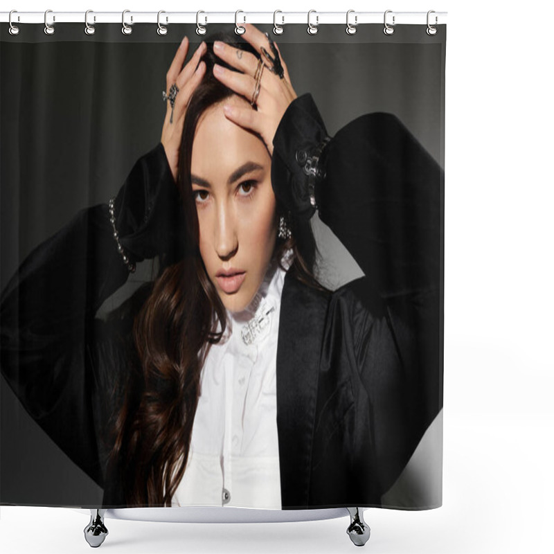 Personality  A Young Woman Exudes Confidence With Shiny Brown Hair And An Elegant Outfit In A Sleek Studio. Shower Curtains