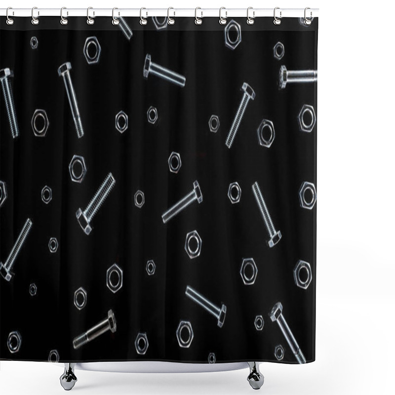 Personality  Top View Of Scattered Metal Nuts And Bolts Pattern Isolated On Black Shower Curtains