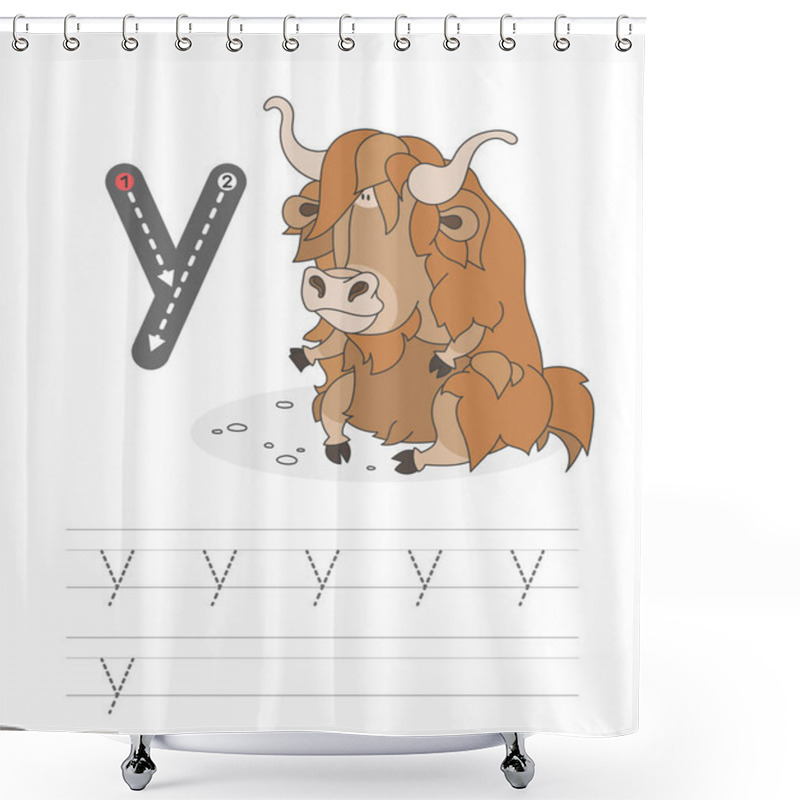 Personality  Learning To Write A Letter - Y. A Practical Sheet From A Set Of Exercises Game For Kids. Cartoon Funny Animal With Letter. Spelling The Alphabet. Child Development And Education. Yak - Vector. Shower Curtains