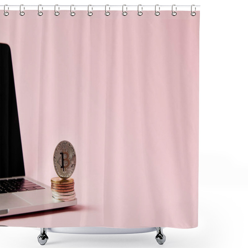 Personality  Bitcoins Stacked On Laptop On Pink Surface Shower Curtains