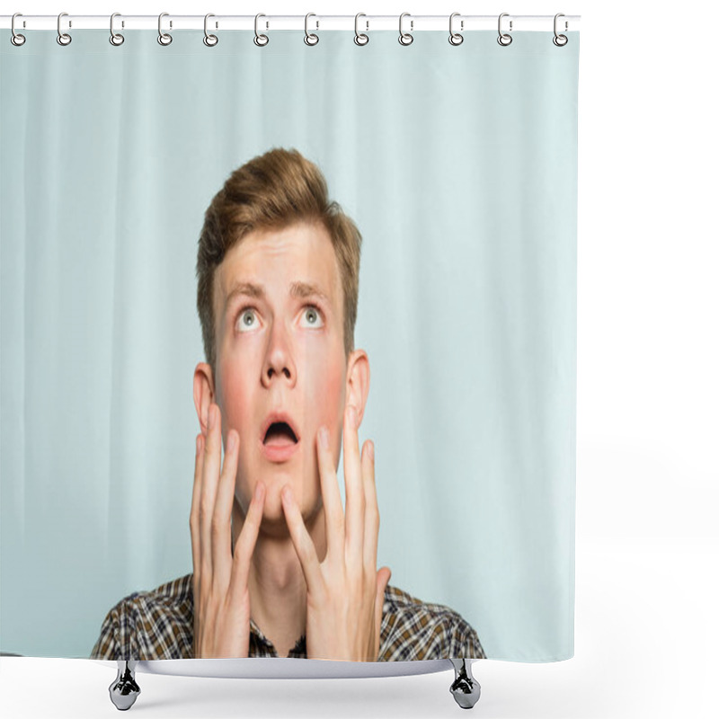 Personality  Amazed Astonished Dazed Stunned Man Looking Up Shower Curtains